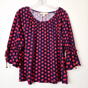 Michael Kors Women's Top LARGE Blue‎ Red Dot 3/4 Bell Sleeve Whimsigoth Fairy